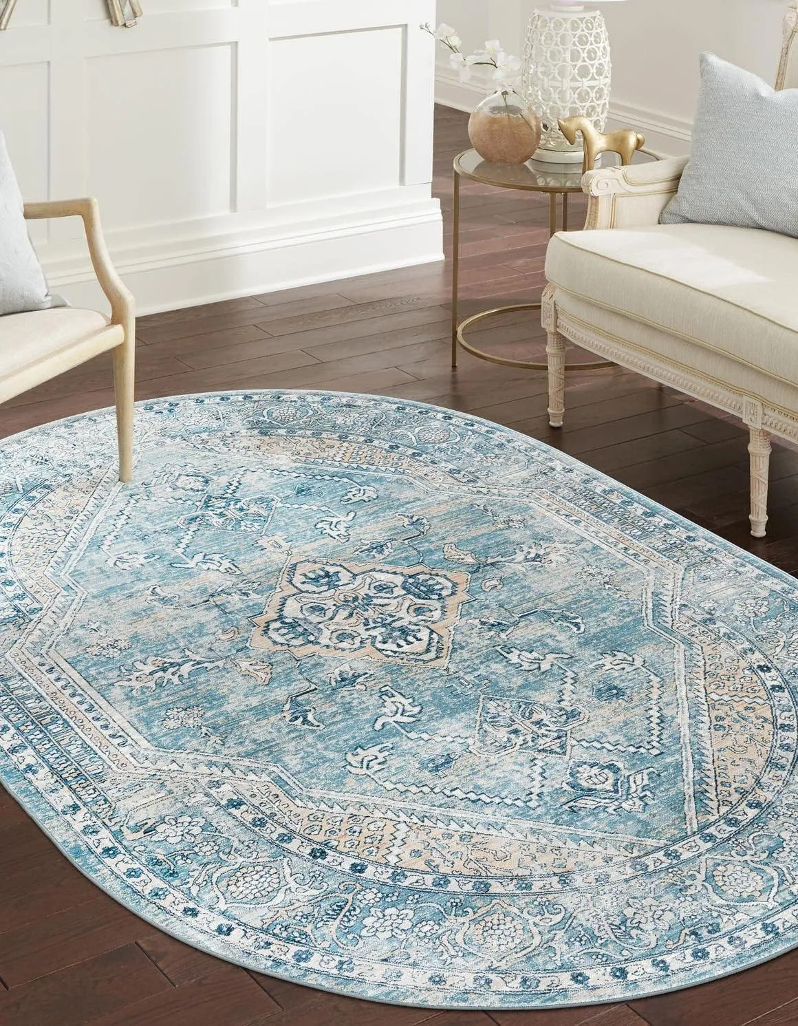 Rugs.com Newport Collection Rug – 4' x 6' Oval Blue Medium Rug Perfect for Living Rooms, Large Dining Rooms, Open Floorplans