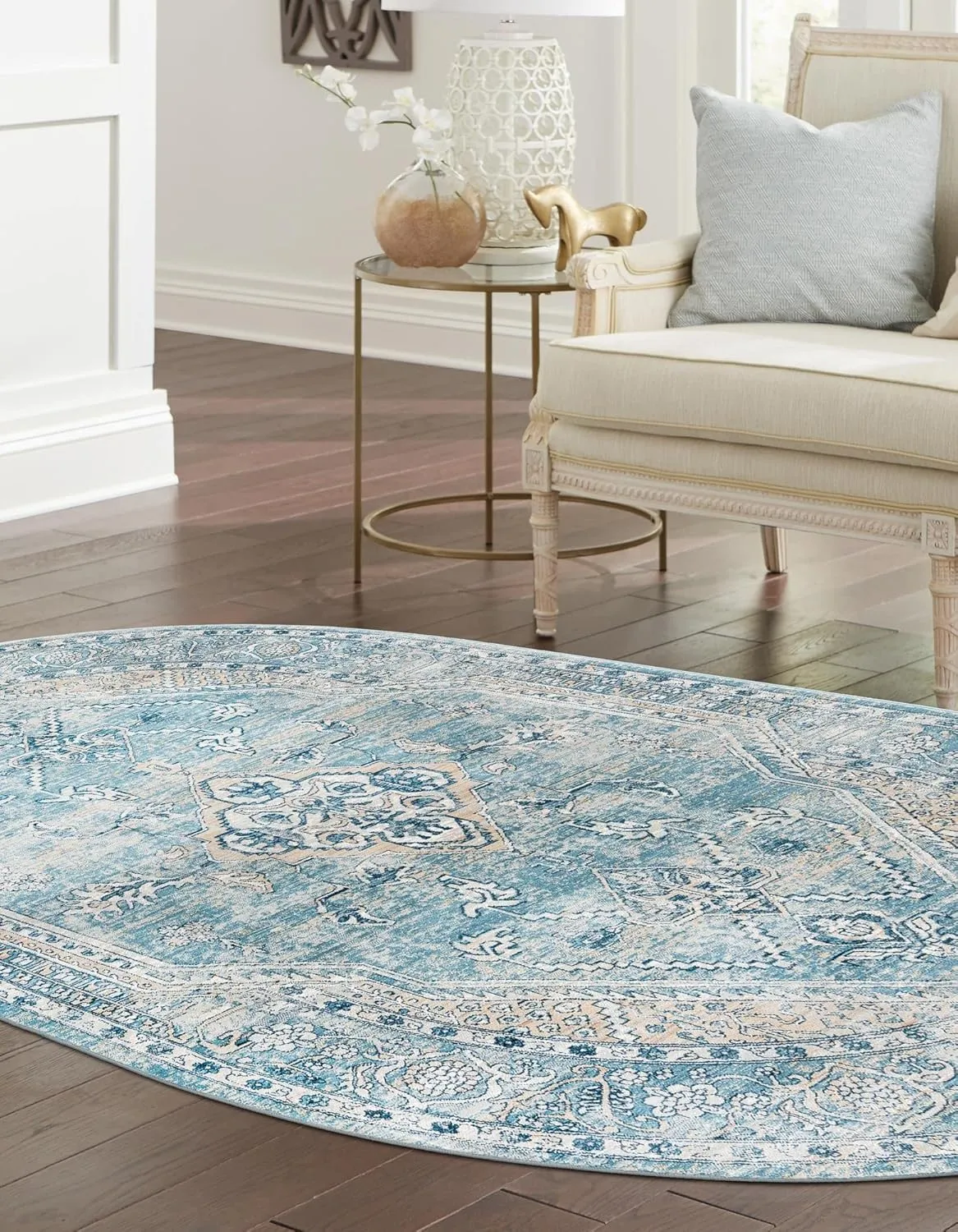 Rugs.com Newport Collection Rug – 4' x 6' Oval Blue Medium Rug Perfect for Living Rooms, Large Dining Rooms, Open Floorplans