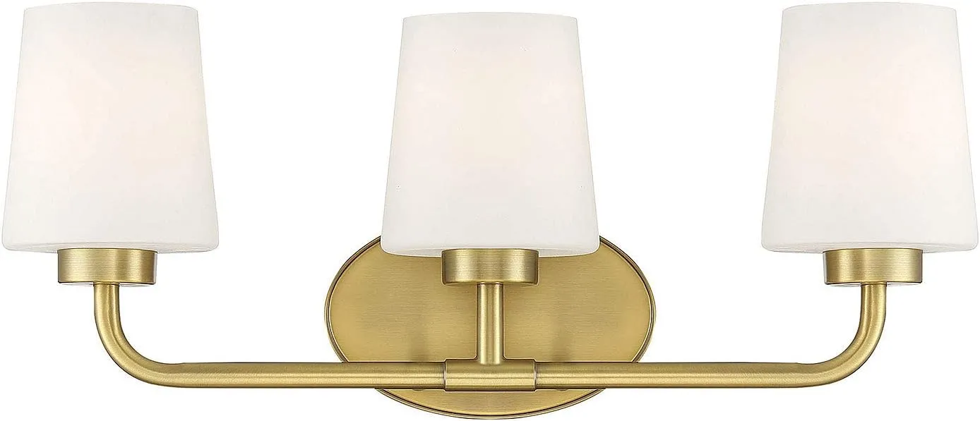 Savoy House 8-4090-3-322 Capra Mid-Century Modern White Opal Glass Bathroom Vanity Wall Light, 3-Light 180 Total Watts, 9" H x 22" W, Warm Brass