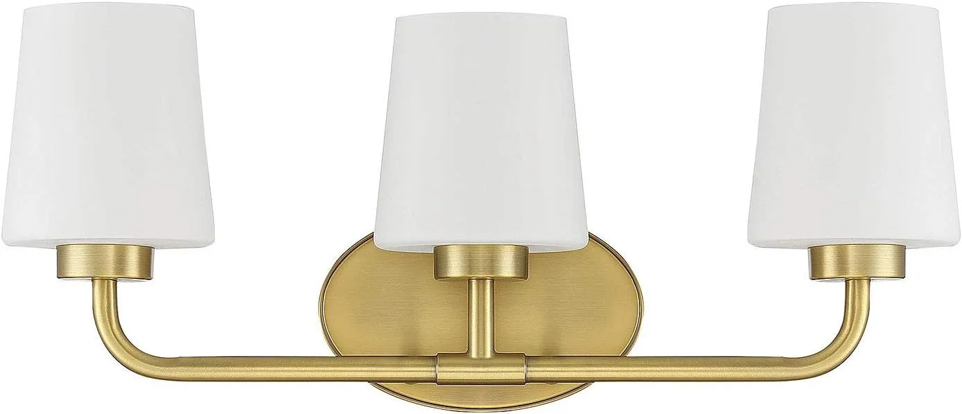 Savoy House 8-4090-3-322 Capra Mid-Century Modern White Opal Glass Bathroom Vanity Wall Light, 3-Light 180 Total Watts, 9" H x 22" W, Warm Brass
