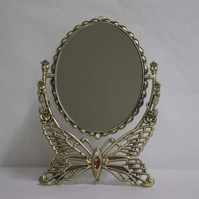 SEHAMANO Vintage Antique Butterfly Patterned Metal Frame Makeup Table Mirror, Decorative Oval Shaped Stand Mirror, Vanity Cosmetic Double Sided Rotatable Ellipse Mirror (Brass (Matt Gold), Large)