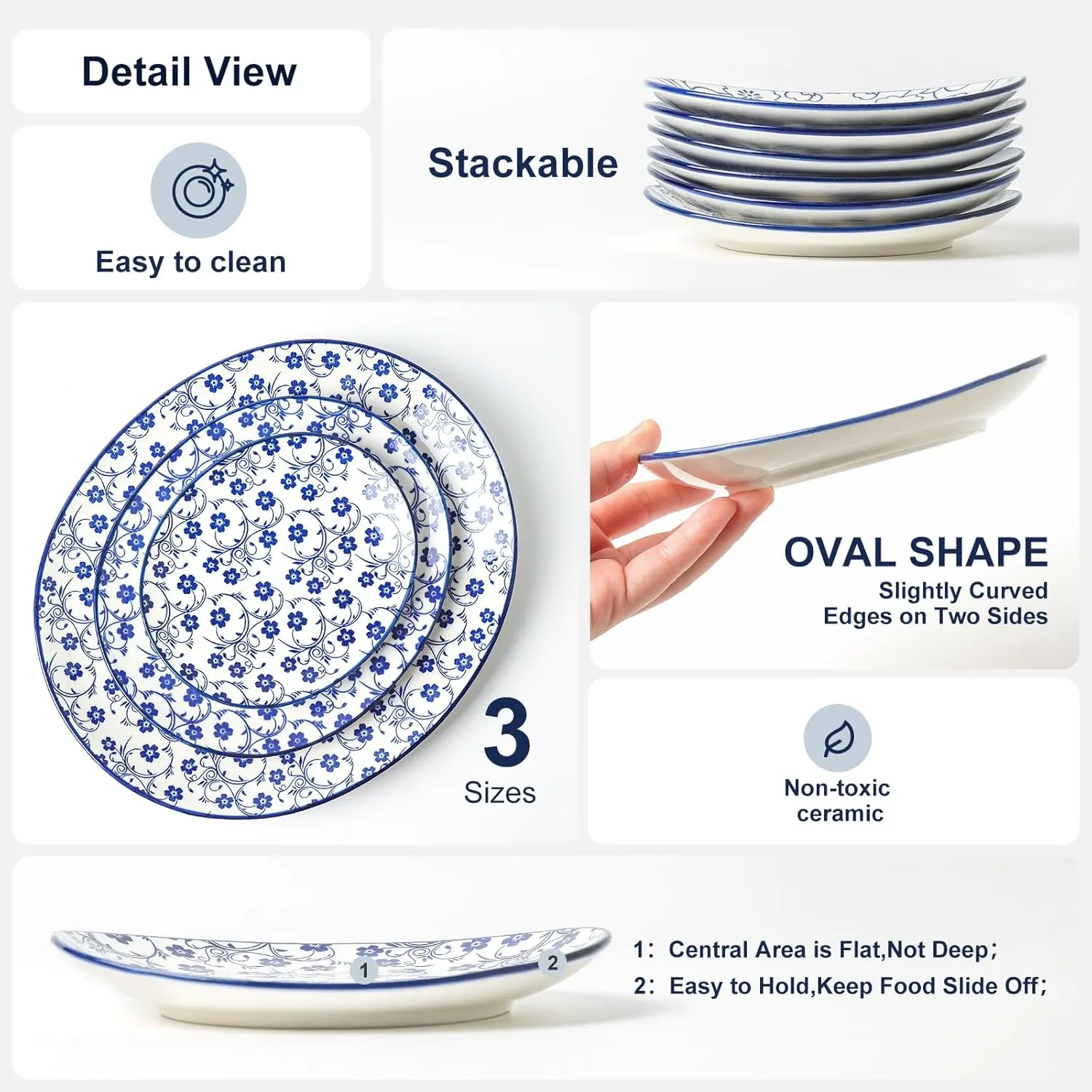 Selamica Small Dinner Plates, Oval Dessert Plates Ceramic, 6 Inch Small Plates for Appetizer, Cake, Snacks, Microwave Dishwasher Safe, Set of 6, Vintage Blue