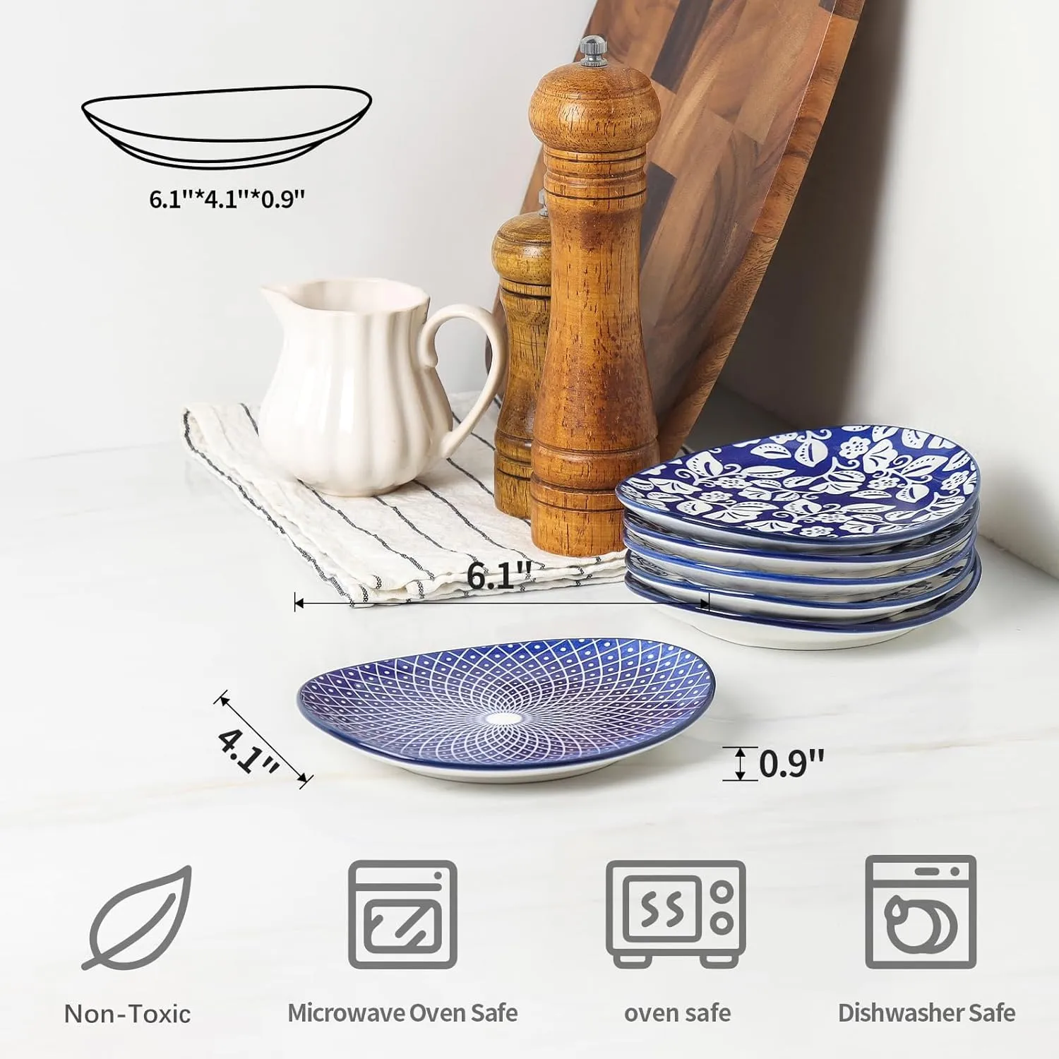 Selamica Small Dinner Plates, Oval Dessert Plates Ceramic, 6 Inch Small Plates for Appetizer, Cake, Snacks, Microwave Dishwasher Safe, Set of 6, Vintage Blue