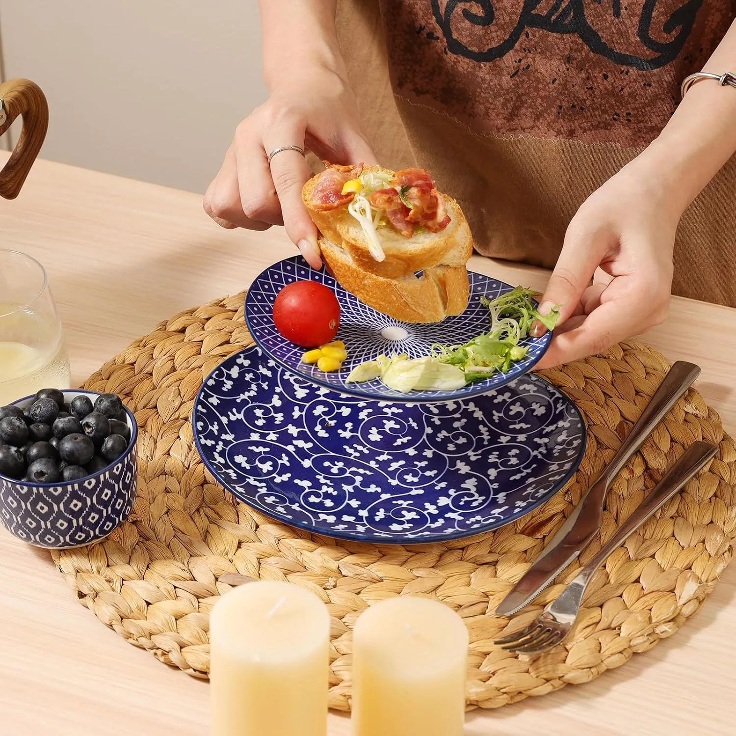 Selamica Small Dinner Plates, Oval Dessert Plates Ceramic, 6 Inch Small Plates for Appetizer, Cake, Snacks, Microwave Dishwasher Safe, Set of 6, Vintage Blue