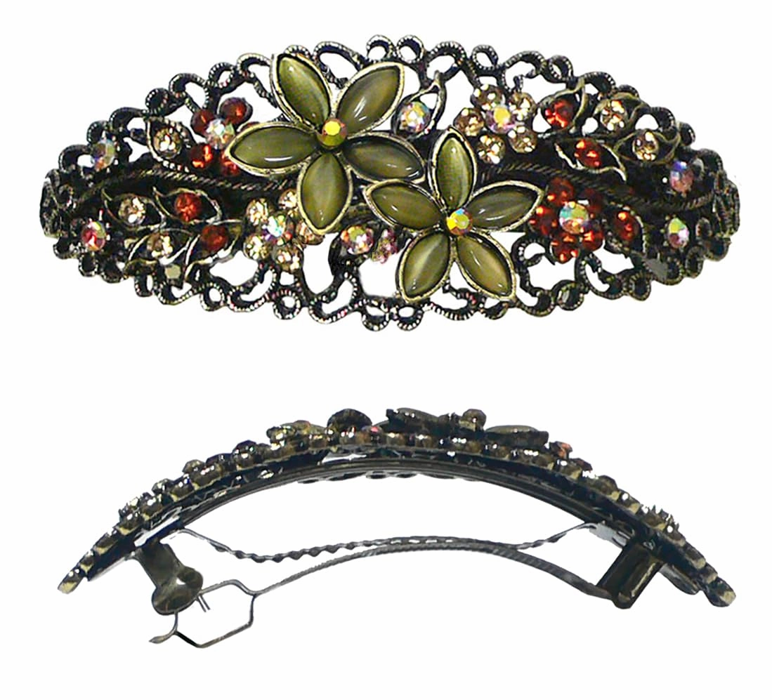 Set of 4 JCGY Large Oval Crystal Catseye Thick Hair Barrette NM86010-1-4oliTaupeGrayOWg
