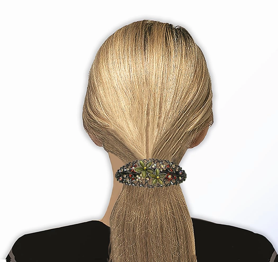 Set of 4 JCGY Large Oval Crystal Catseye Thick Hair Barrette NM86010-1-4oliTaupeGrayOWg