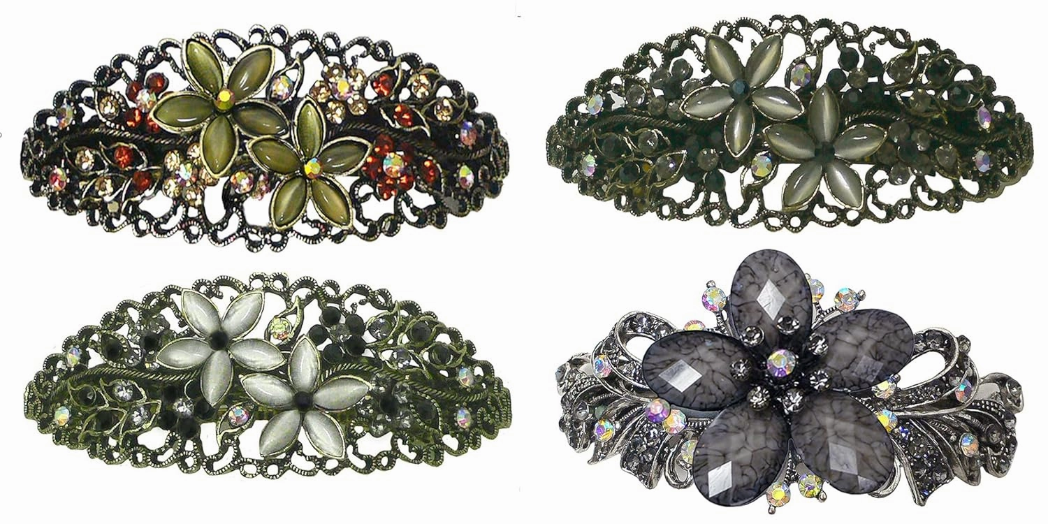 Set of 4 JCGY Large Oval Crystal Catseye Thick Hair Barrette NM86010-1-4oliTaupeGrayOWg