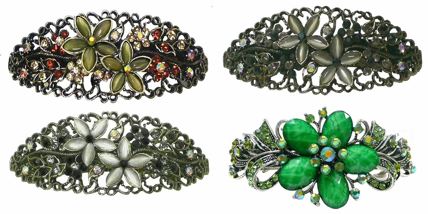 Set of 4 JCGY Large Oval Crystal Catseye Thick Hair Barrettes NM86010-1-4oliLilacTaupeOWpG