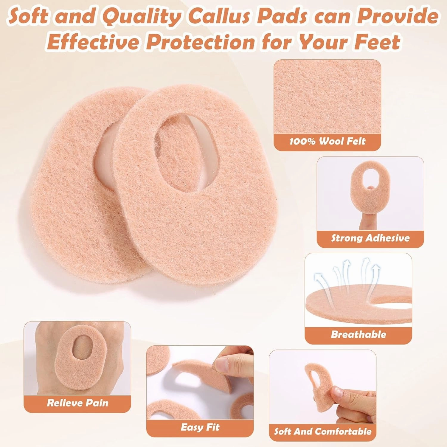 Shynek 72 Pcs Callus Pads Soft Felt Callus Cushion Pads for Bottom of Foot Self Adhesive Foot Callus Cushions, Corn Pads for Feet for Men and Women Pain Relief Foot Care, Beige, Oval Shape