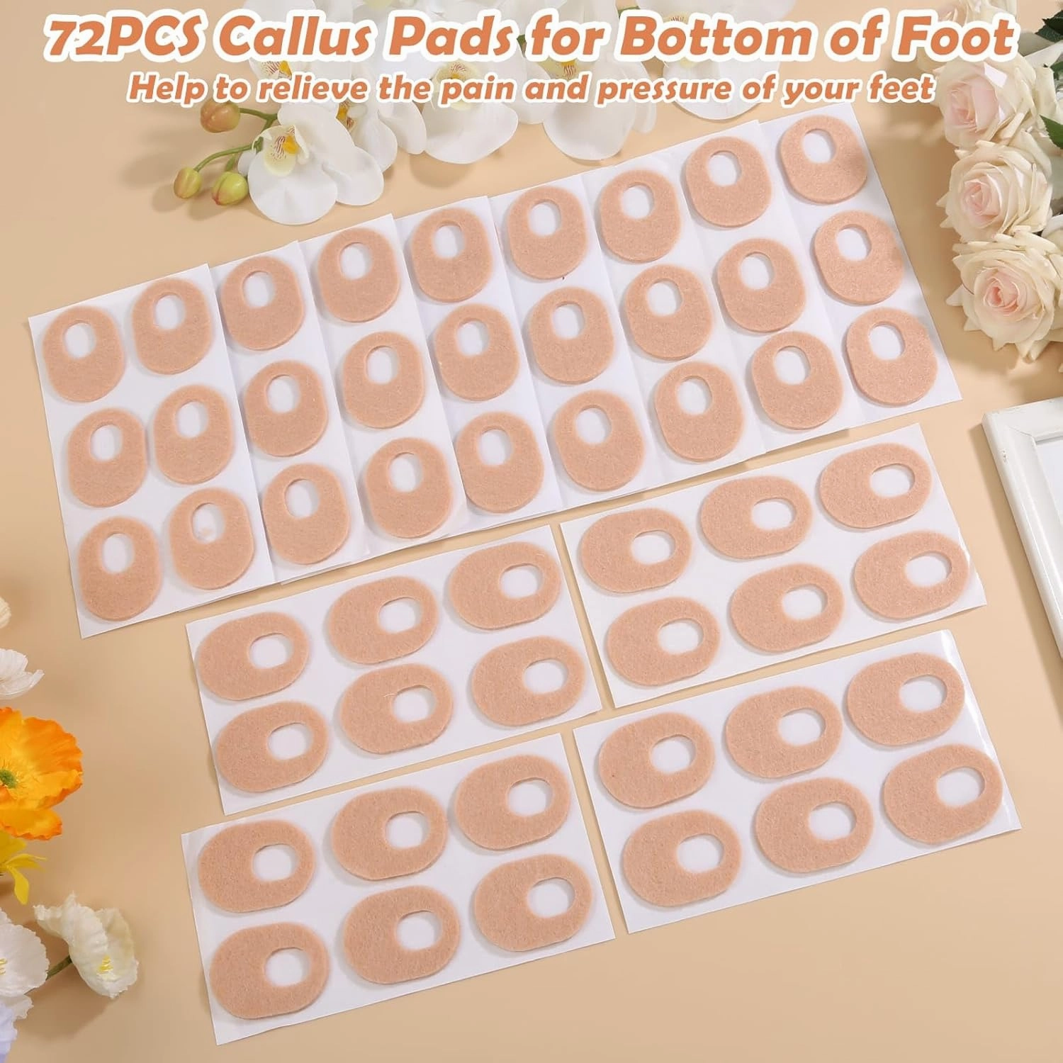 Shynek 72 Pcs Callus Pads Soft Felt Callus Cushion Pads for Bottom of Foot Self Adhesive Foot Callus Cushions, Corn Pads for Feet for Men and Women Pain Relief Foot Care, Beige, Oval Shape