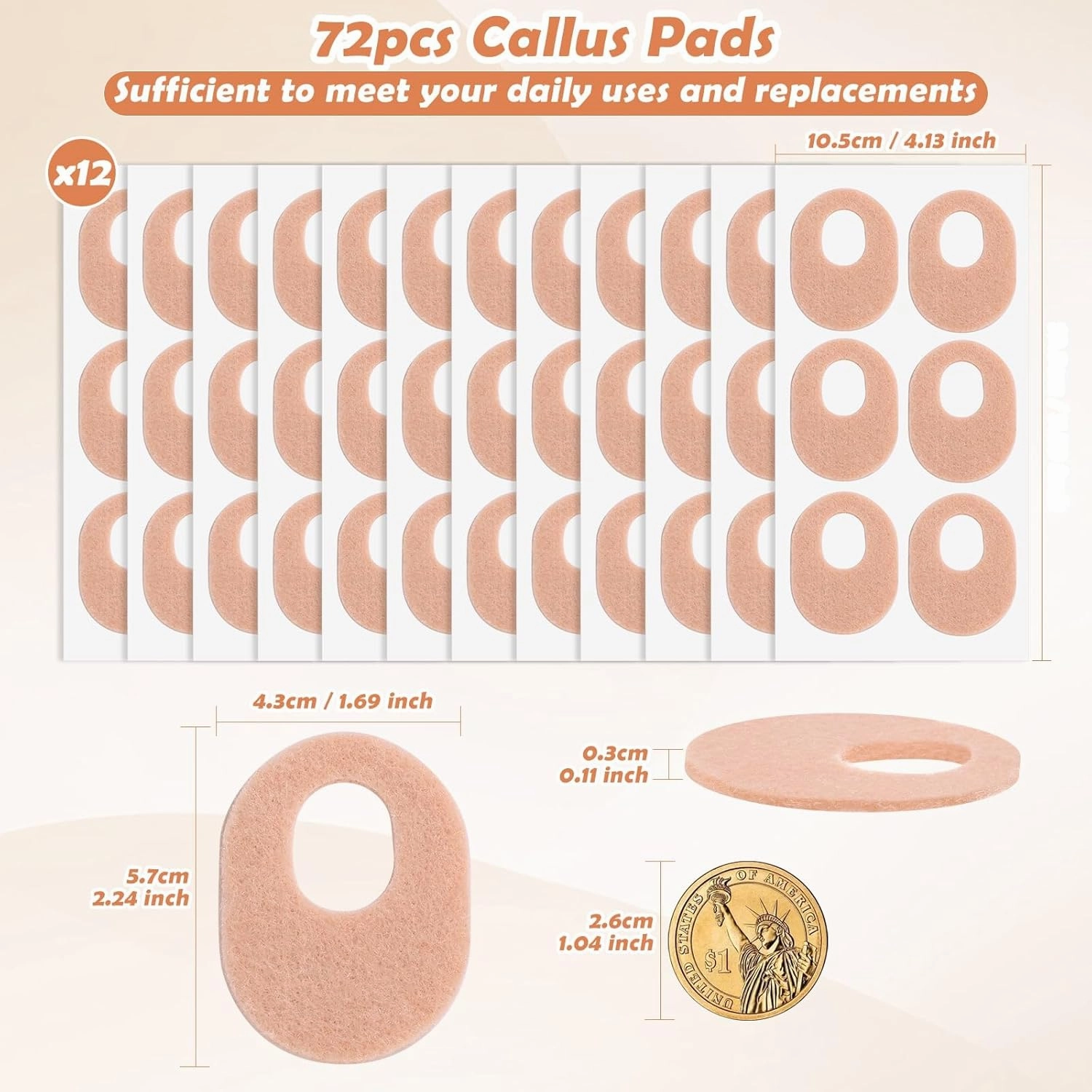 Shynek 72 Pcs Callus Pads Soft Felt Callus Cushion Pads for Bottom of Foot Self Adhesive Foot Callus Cushions, Corn Pads for Feet for Men and Women Pain Relief Foot Care, Beige, Oval Shape