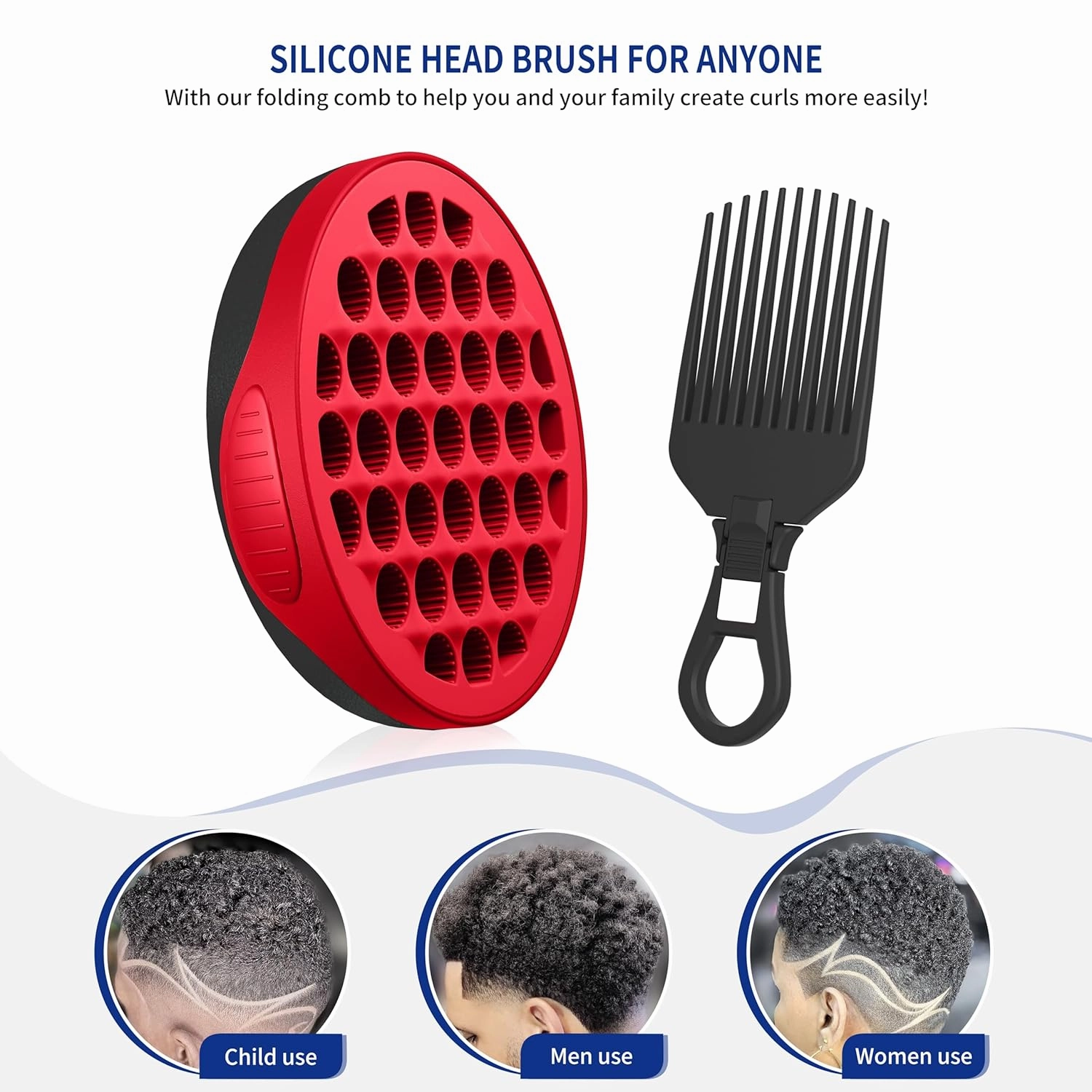 Silicone Curl Brush,Africa Comb,Magic Curly Hair Brush Twist Hair,Afro Pick,Men Women Boys Girls Wave Curler Tool,1 Set (Red)