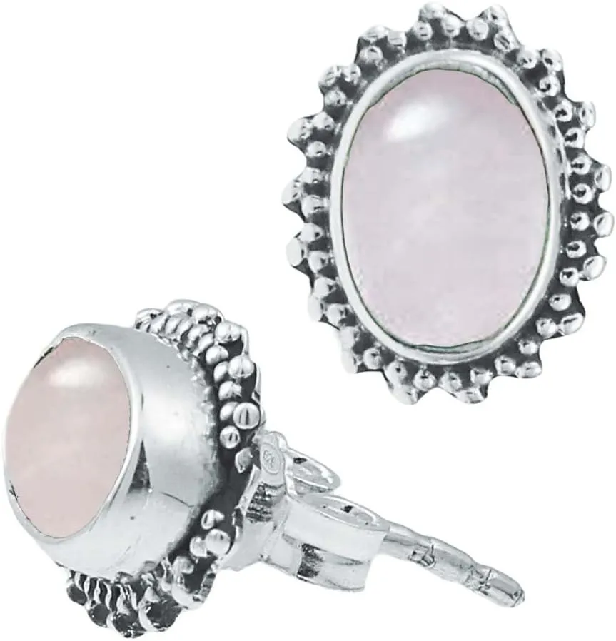 Silver Stud Earrings Moonstone Oval 10mm lace trim points 925 Sterling Silver