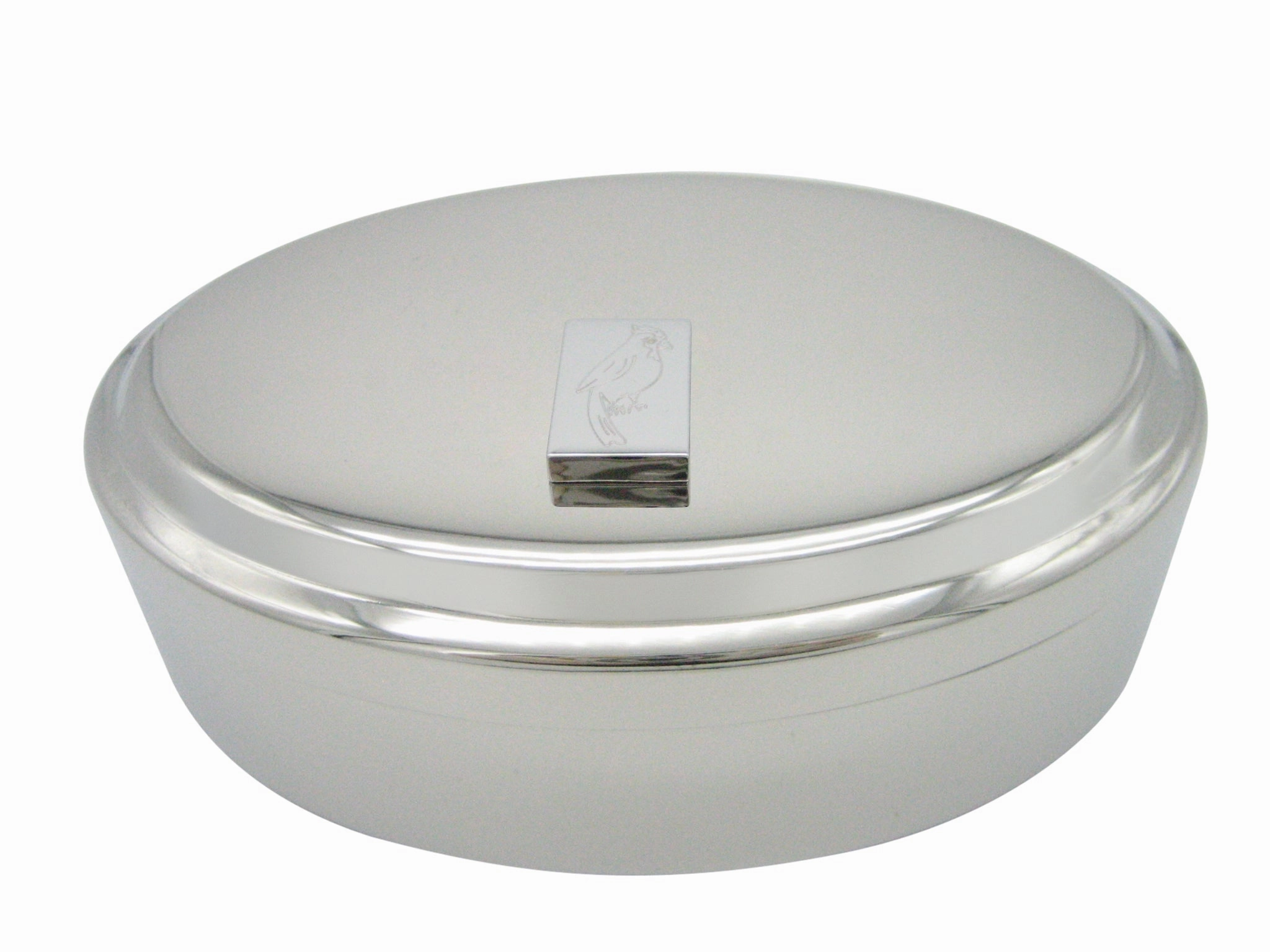 Silver Toned Etched Small Tropical Bird Pendant Oval Trinket Jewelry Box