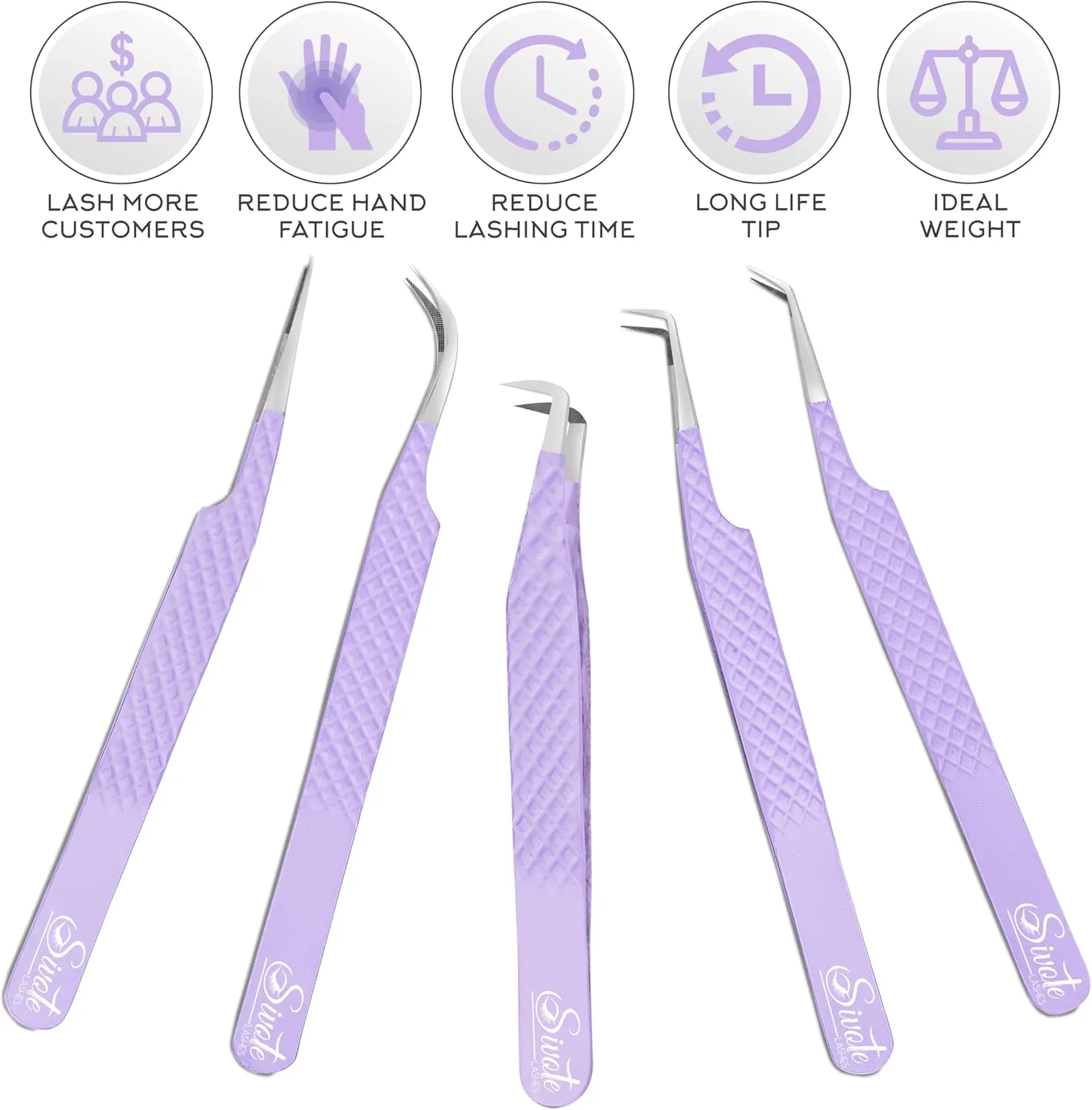 SIVOTE Lash Tweezers for Eyelash Extensions, Pack of 5 Purple – Lash Extension Tweezers Set with Diamond Grip, Precision Fiber Tip for Volume Eyelash Extensions