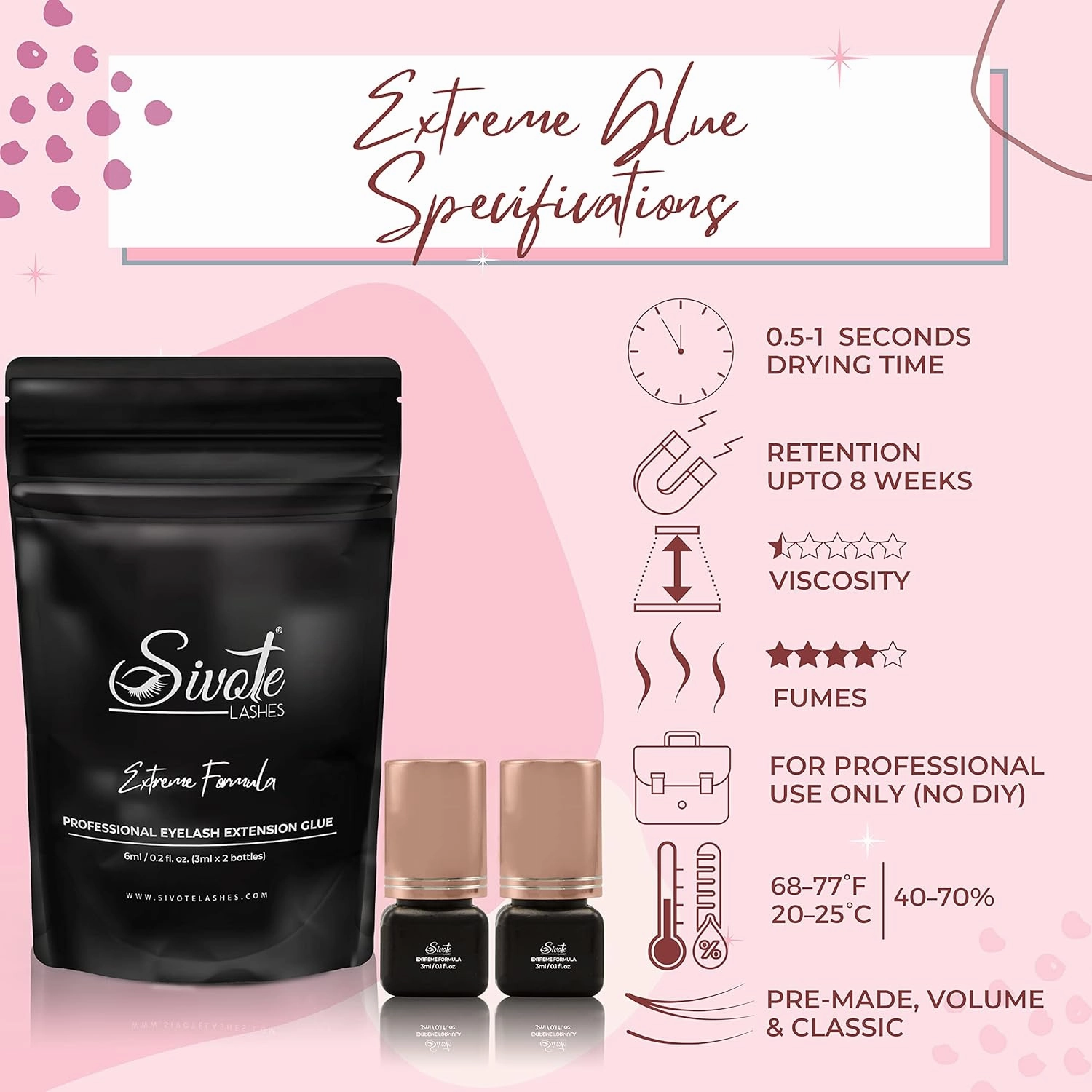 SIVOTE Extreme Eyelash Extension Glue, 0.5-1 Seconds Dry Time, Retention Up to 6-8 Weeks, 6ml (3ml x 2 Bottles)