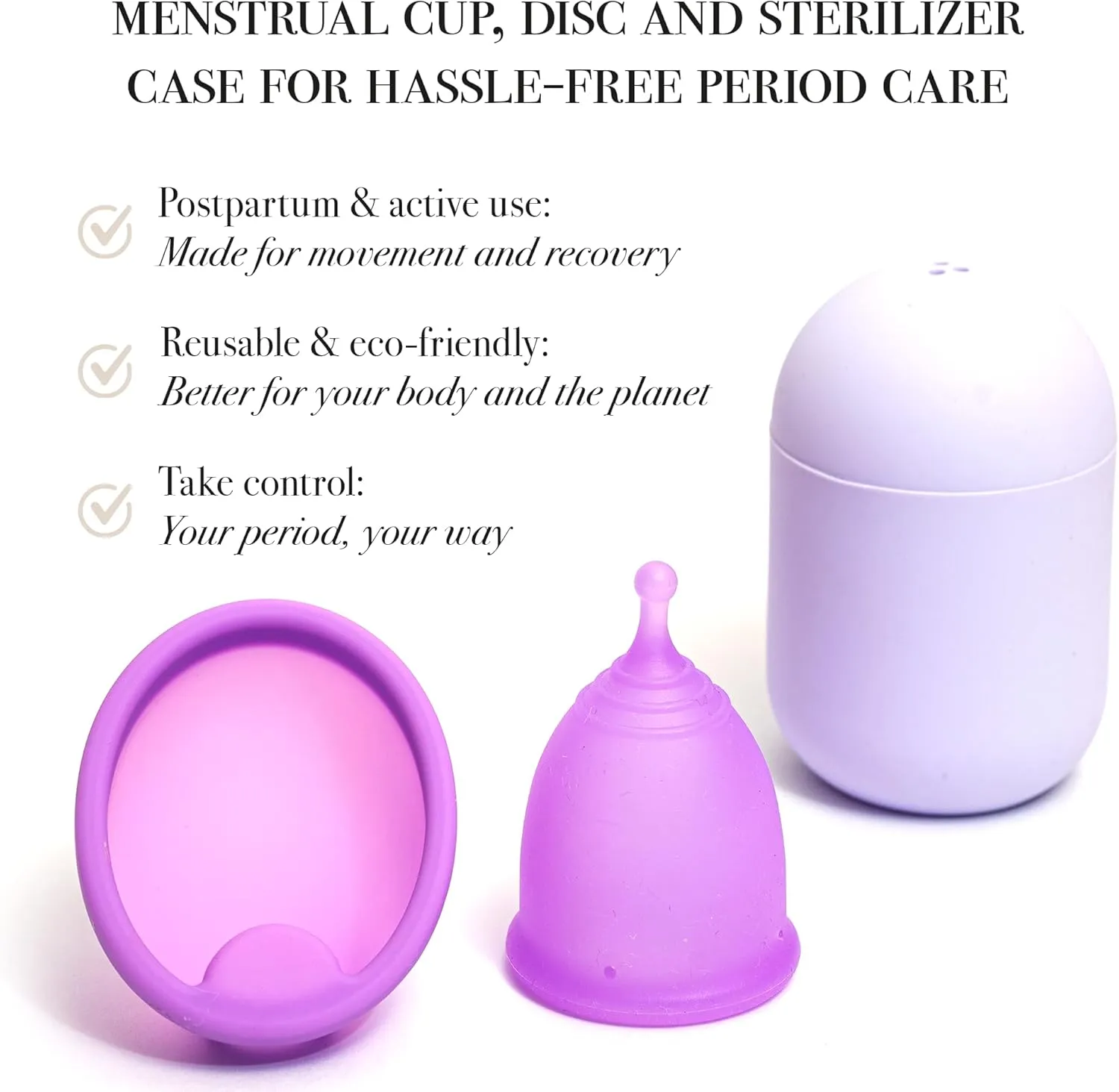 Soft Reusable Menstrual Cup & Disc Kit (Large) – Comfortable, Leak-Free Protection Up to 12 Hours – Easy Pull-Tab Removal – Medical-Grade Silicone – Includes Cup, Disc & Sterilizer Case