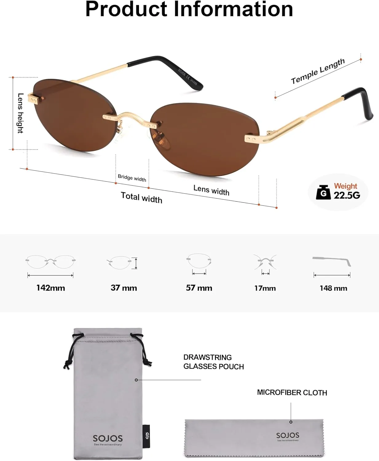 SOJOS Retro Small Oval Sunglasses Womens Trendy Rimless Sun Glasses Vintage Narrow Shades SJ1242