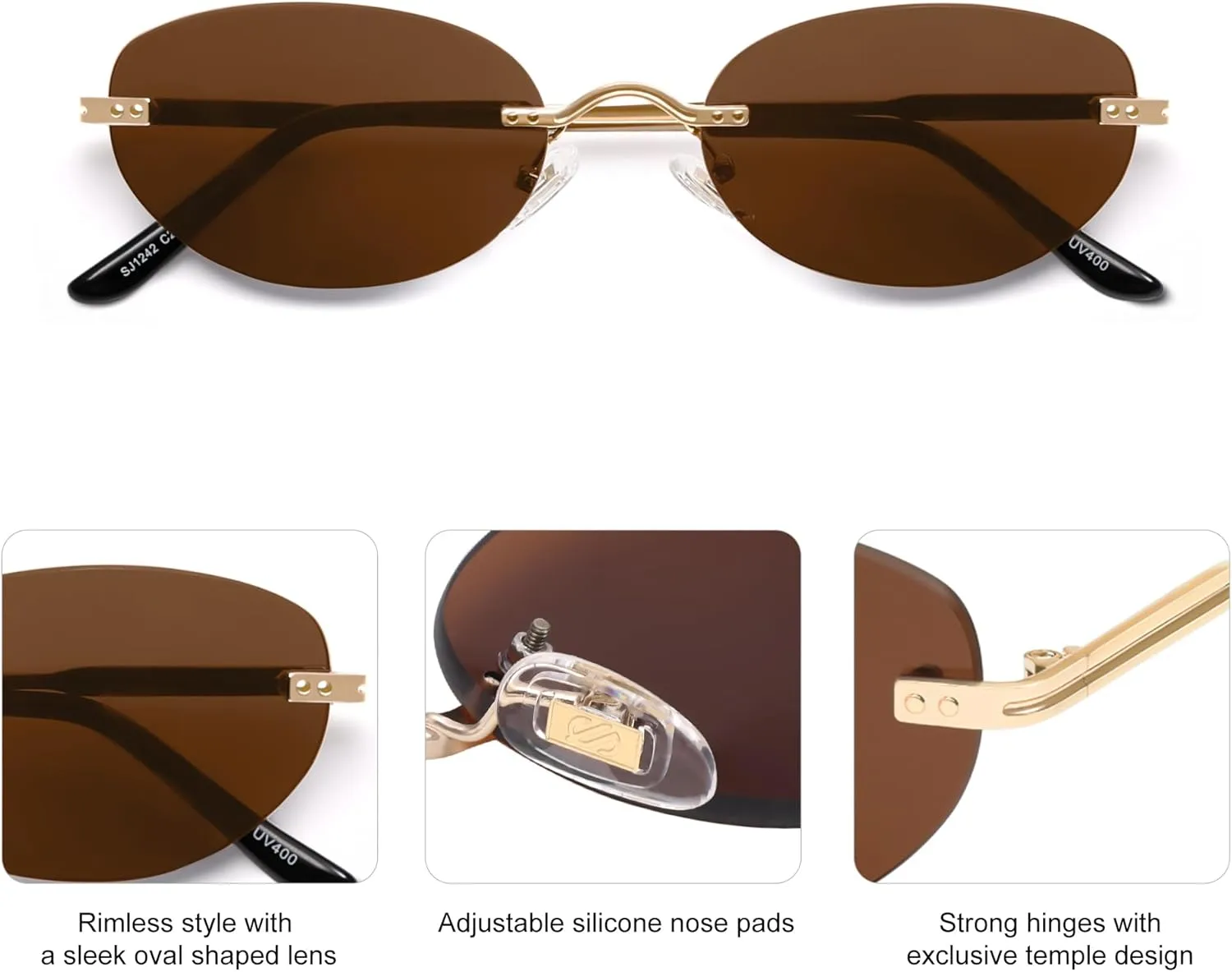 SOJOS Retro Small Oval Sunglasses Womens Trendy Rimless Sun Glasses Vintage Narrow Shades SJ1242