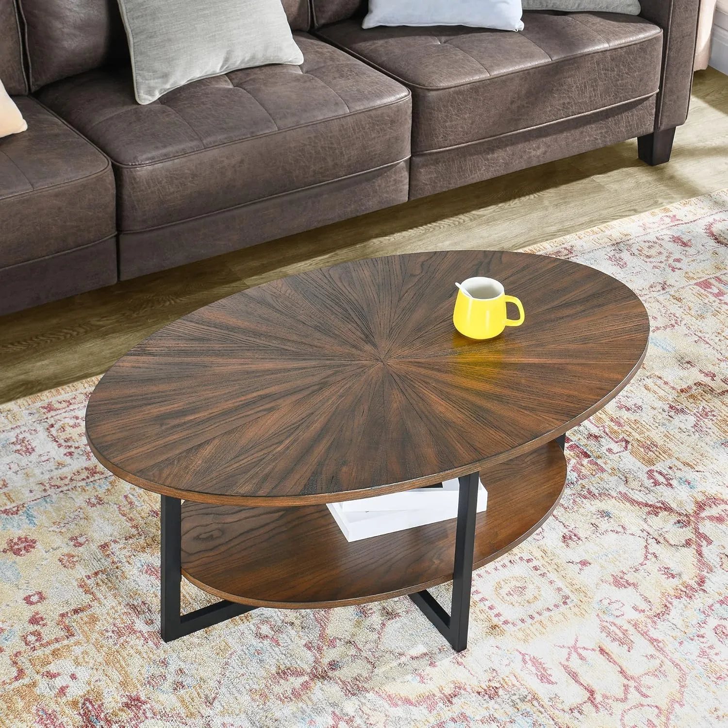Solid Wood Oval Coffee Table with Cross Metal Legs, 43.3in Modern Industrail Center Table with Open Shelf Cocktail Tea Table for Living Room Bedroom, Rustic Brown 1811NC