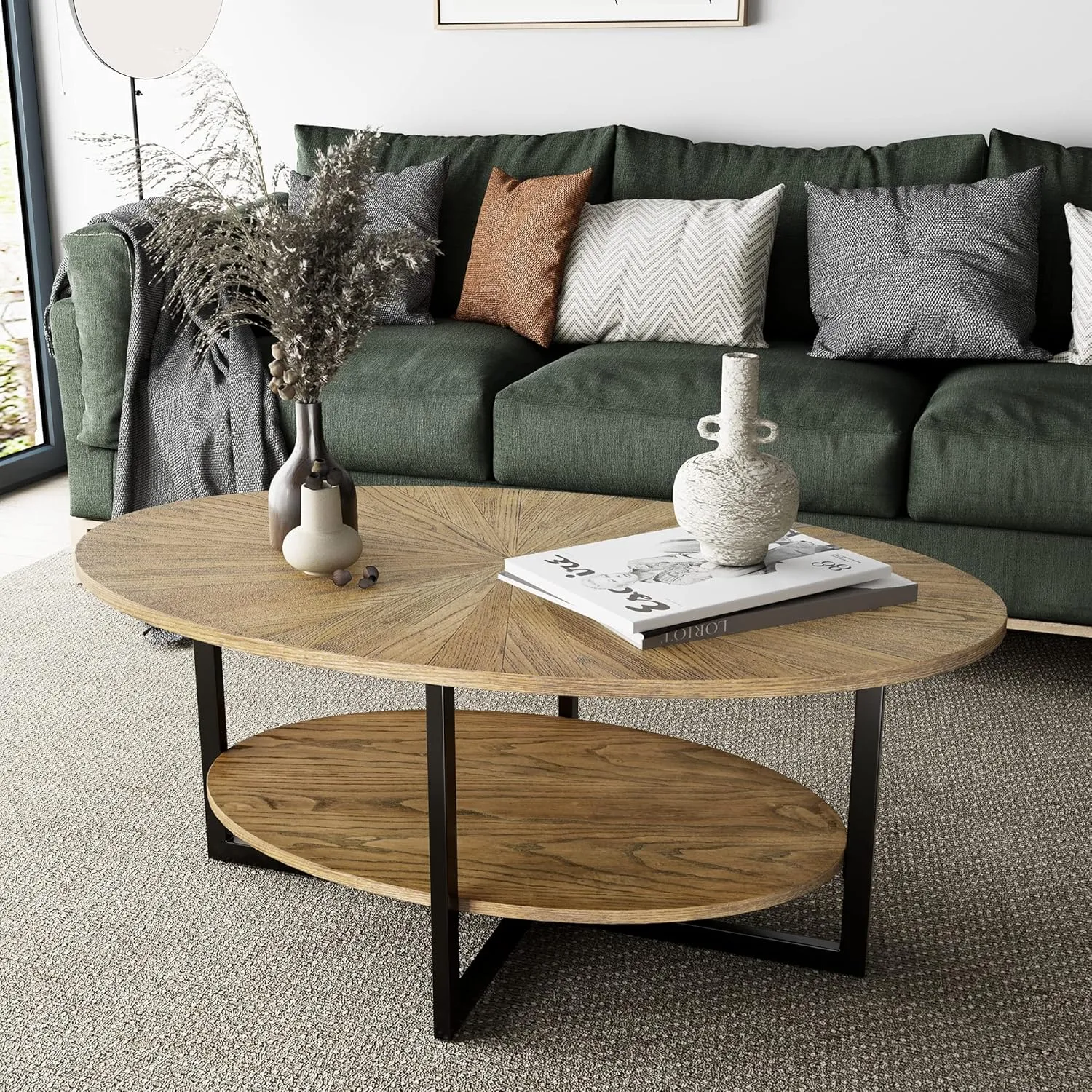 Solid Wood Oval Coffee Table with Cross Metal Legs, 43.3in Modern Industrail Center Table with Open Shelf Cocktail Tea Table for Living Room Bedroom, Rustic Nature 1811