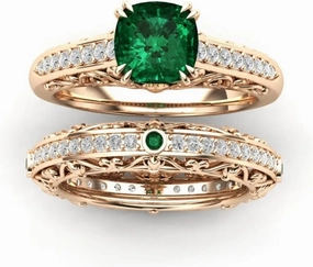 Solid 10K 14K 18K Gold Gemstone Engagement Ring Set for Women 2.0CT Cushion Cut Lab Created Gemstone Ring Set with Moissanite Bridal Wedding Band Promise Ring Set Jewelry Gift for Her
