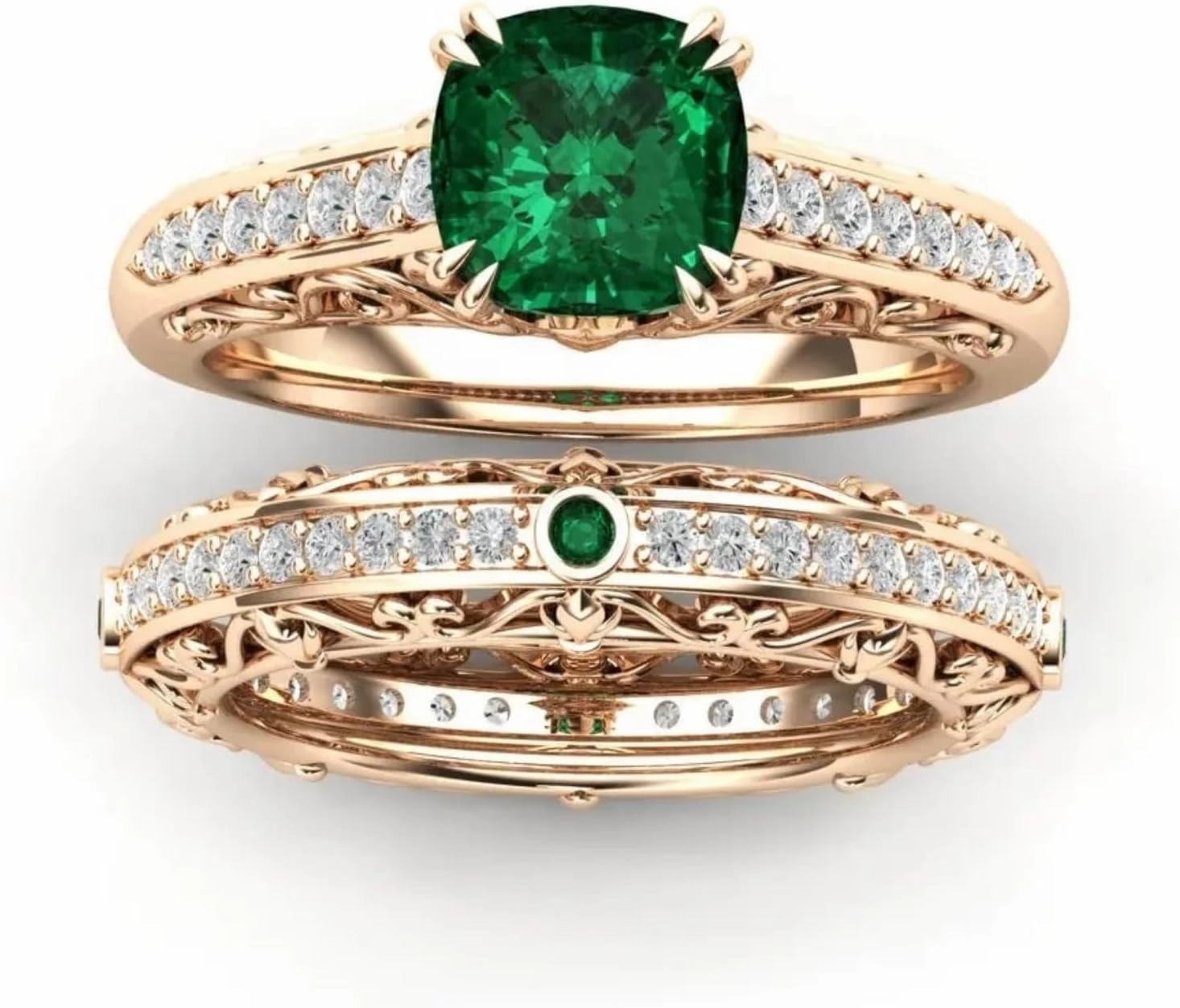 Solid 10K 14K 18K Gold Gemstone Engagement Ring Set for Women 2.0CT Cushion Cut Lab Created Gemstone Ring Set with Moissanite Bridal Wedding Band Promise Ring Set Jewelry Gift for Her