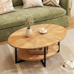 Solid Wood Oval Coffee Table with Cross Metal Legs, 43.3in Modern Industrail Center Table with Open Shelf Cocktail Tea Table for Living Room Bedroom, Natural Wood Color KFZ-1811-OA