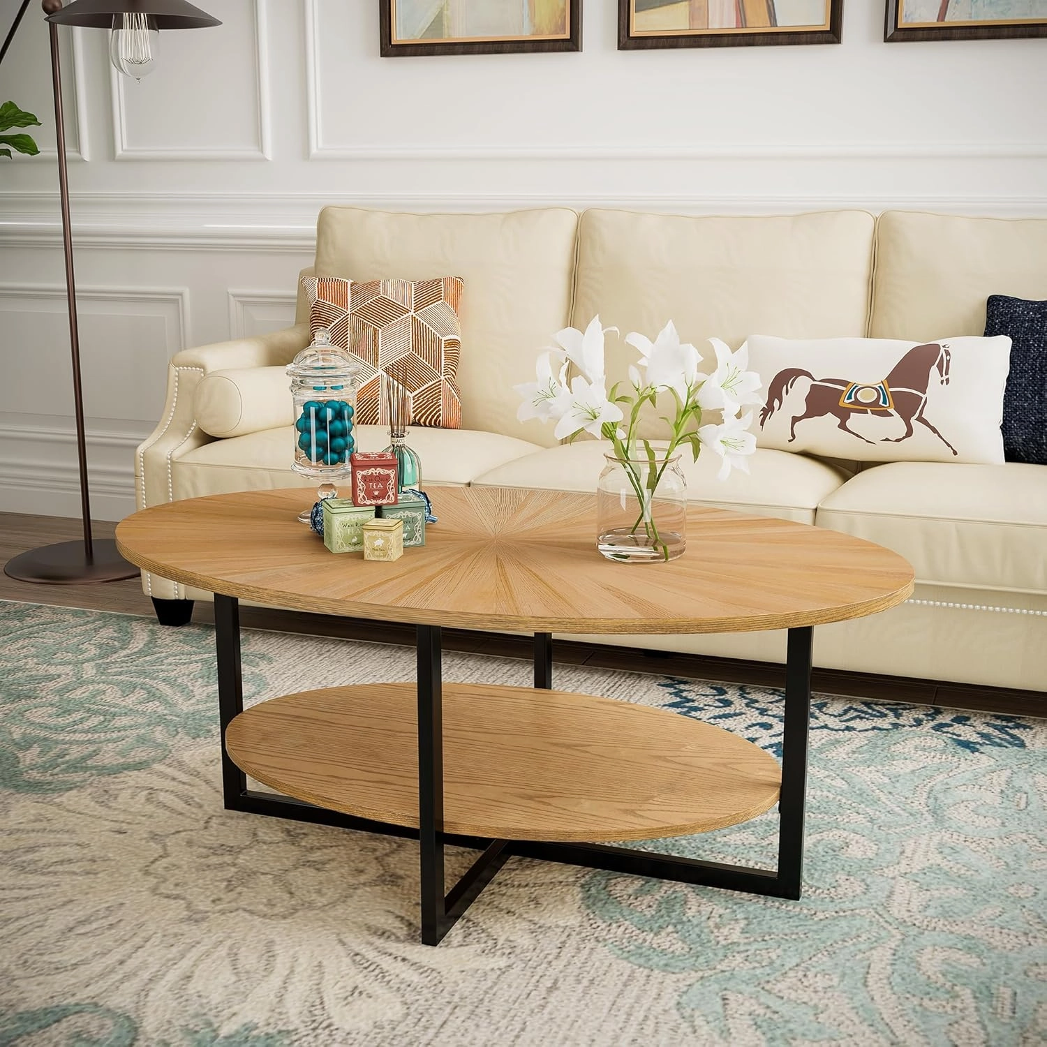 Solid Wood Oval Coffee Table with Cross Metal Legs, 43.3in Modern Industrail Center Table with Open Shelf Cocktail Tea Table for Living Room Bedroom, Natural Wood Color KFZ-1811-OA