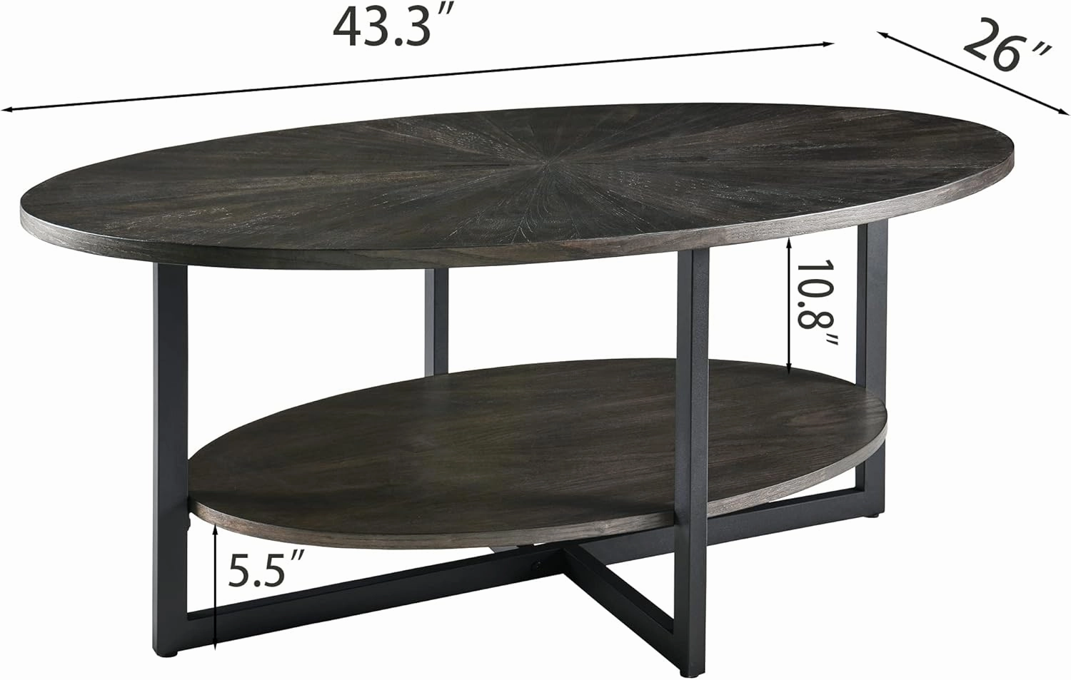 Solid Wood Oval Coffee Table with Cross Metal Legs, 43.3in Modern Industrail Center Table with Open Shelf Cocktail Tea Table for Living Room Bedroom, Rustic Black 1811BK
