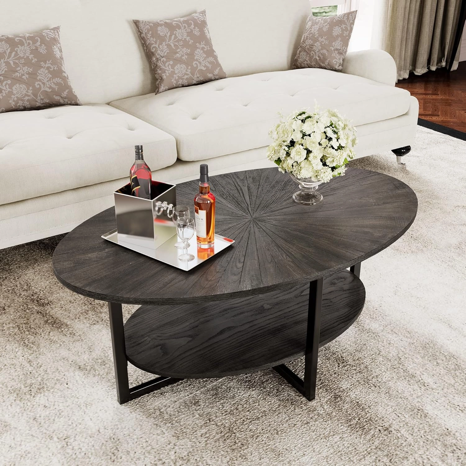 Solid Wood Oval Coffee Table with Cross Metal Legs, 43.3in Modern Industrail Center Table with Open Shelf Cocktail Tea Table for Living Room Bedroom, Rustic Black 1811BK