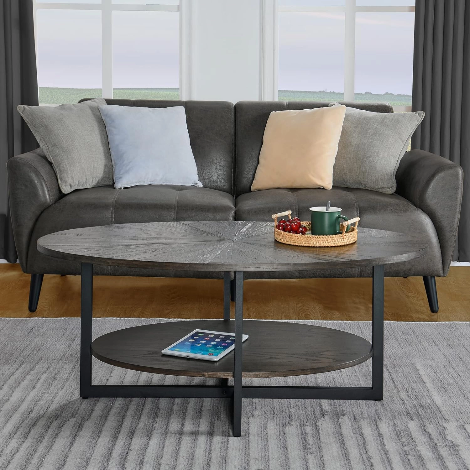 Solid Wood Oval Coffee Table with Cross Metal Legs, 43.3in Modern Industrail Center Table with Open Shelf Cocktail Tea Table for Living Room Bedroom, Rustic Black 1811BK