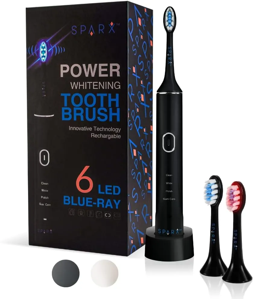 Sonic LED Whitening Toothbrush for Teeth Whitening & Gum Care | Rechargeable | Ultrasonic with 2 Blue-Lights LED Brush for Max Whitening Heads with RED LED for Gum Care