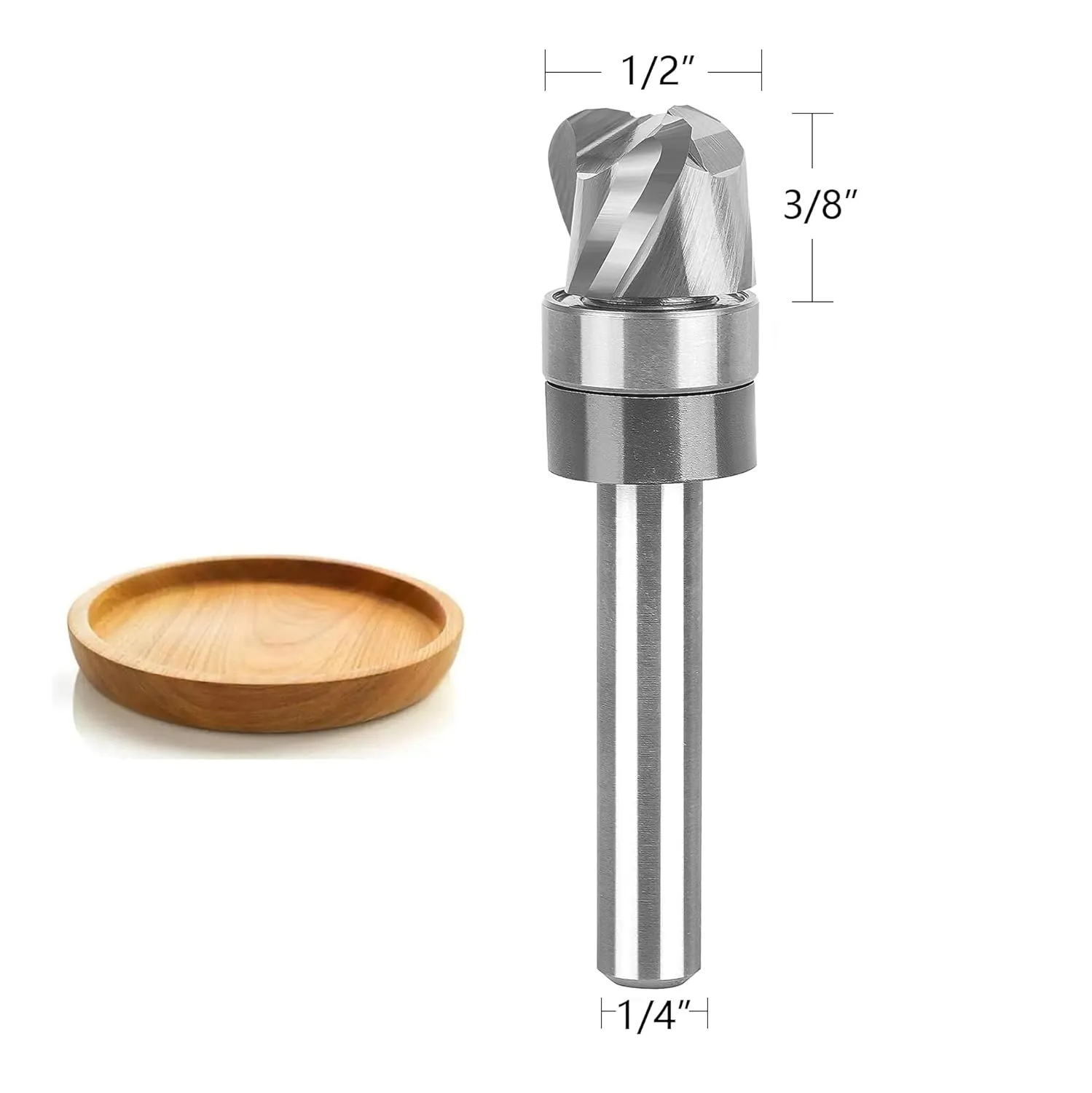 SpeTool Bowl and Tray Router Bit 1/4" Shank, 1/2" Dia 1/4" Radius 3/8" Height, 3-Flute Solid Carbide Pattern Flush Trim Router Bit, Round Nose for Wood Dish Bowl Carving