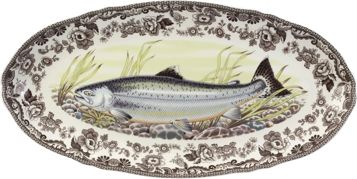 Spode Woodland Fish Platter with King Salmon Motif | 18.5" Fish Serving Platter | Large Oval Tray Made from Fine Porcelain | Microwave and Dishwasher Safe