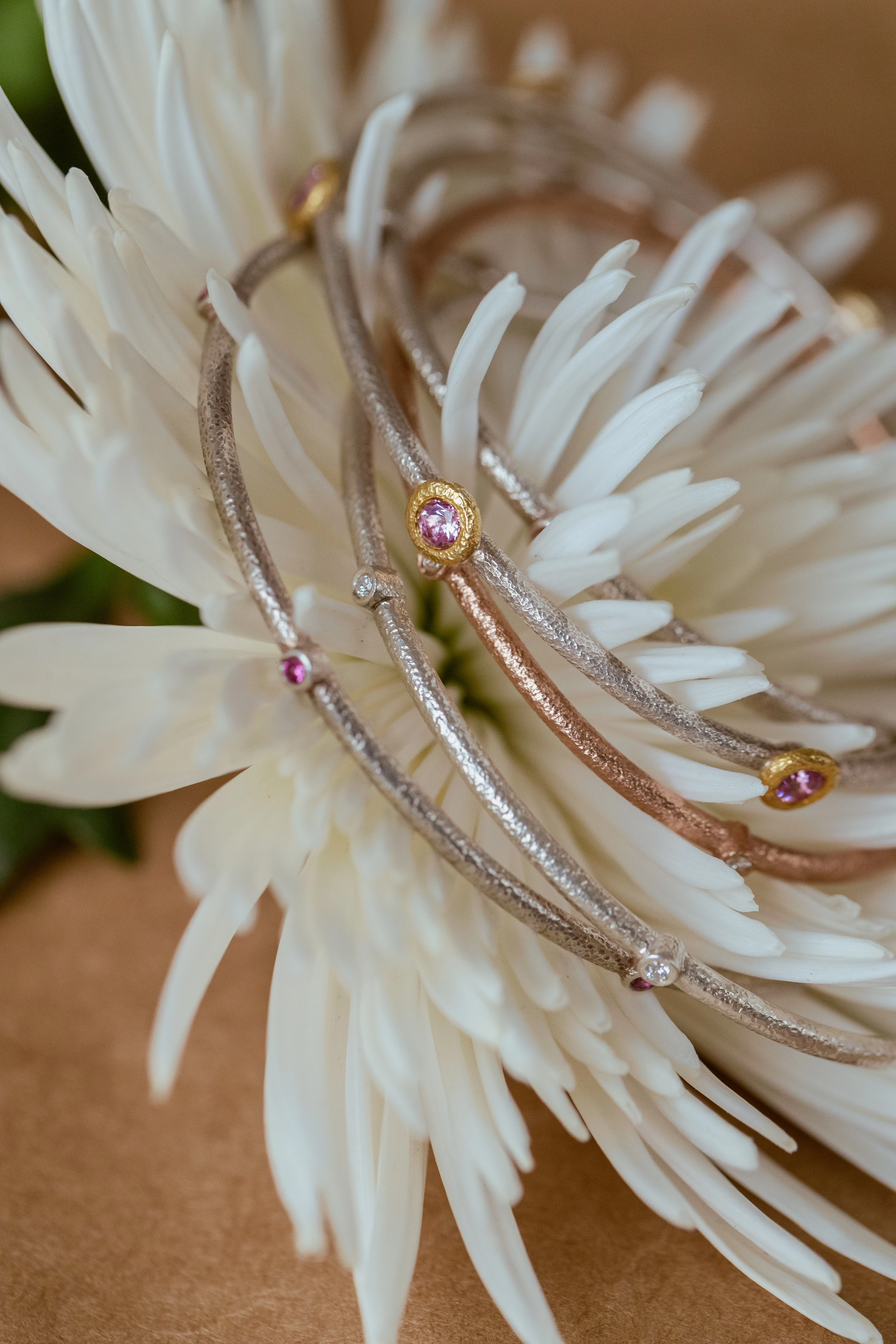 Sputnik Bangle in Sterling Silver with Pink Sapphires and Gold