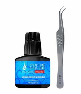 Stacy Lash Extra Strong Evolution Eyelash Extension Glue 10ml & STL-10 Curved Tweezers for Extensions/Black Adhesive 1-2 Sec Drying Time/Precision Stainless Steel Tool/Professional Supplies