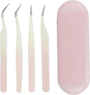 Stainless Steel Eyelash Tweezers Set for Lash Extensions, Fiber Tip Lash Tweezers for Precision, 5.12 to 5.43 Size, Ideal for Beauty Salons and Personal Use (Pink)
