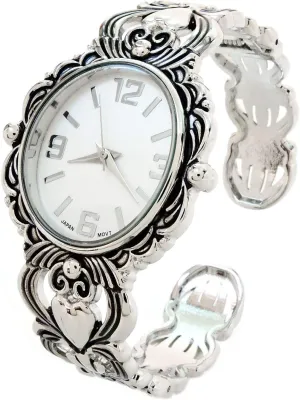 STC Silver Metal Decorated Large Oval Face Women's Bangle Cuff Watch
