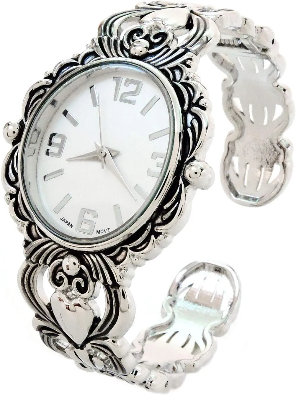 STC Silver Metal Decorated Large Oval Face Women's Bangle Cuff Watch