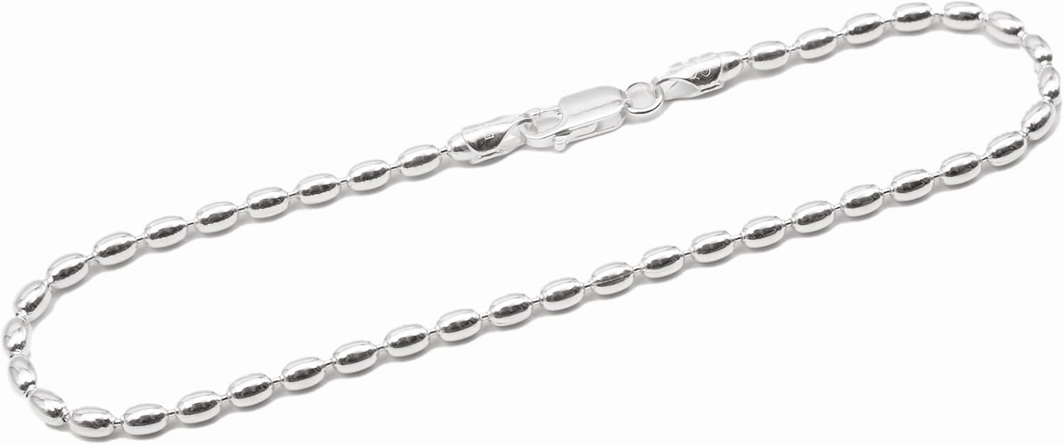 Sterling Silver 9-inch Charleston Rice Bead Anklet 3x4-mm Oval Beads with Lobster Clasp - Southern Style 300ga Made in ITALY 925 in GIFT BOX