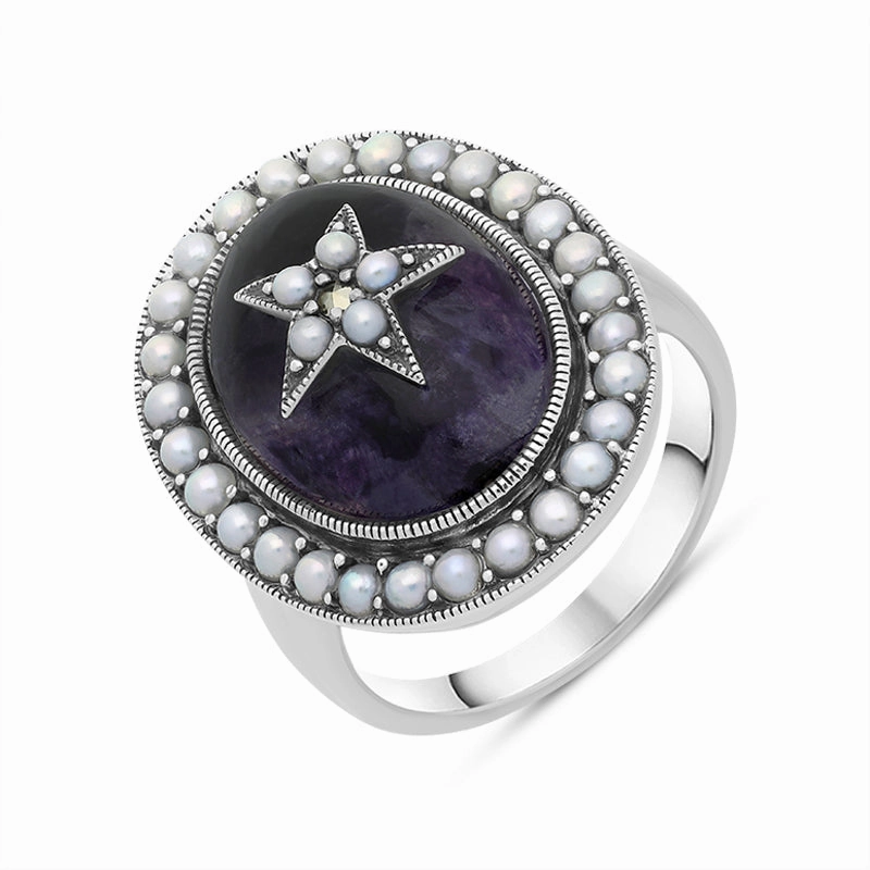Sterling Silver Blue John Pearl Framed Large Oval Flower Ring