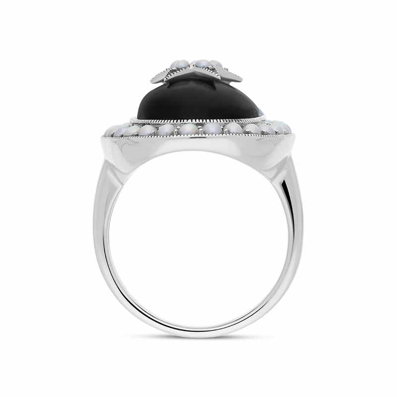 Sterling Silver Blue John Pearl Framed Large Oval Flower Ring