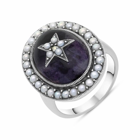 Sterling Silver Blue John Pearl Framed Large Oval Flower Ring