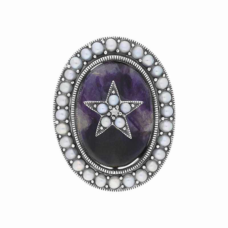 Sterling Silver Blue John Pearl Framed Large Oval Flower Ring