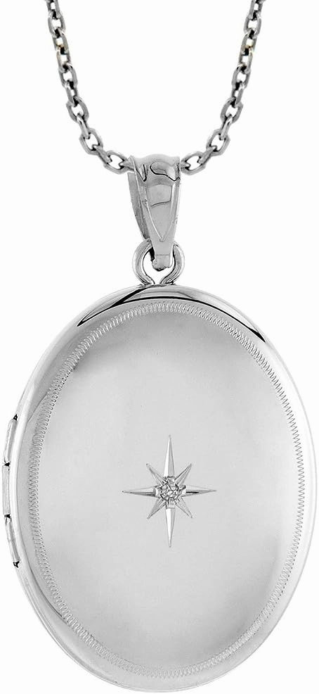 Sterling Silver Diamond Oval Locket Necklace Starburst Set Etched Border 1 1/32 inch