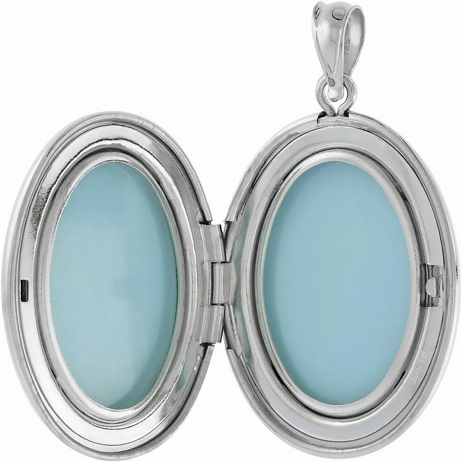 Sterling Silver Diamond Oval Locket Necklace Starburst Set Etched Border 1 1/32 inch