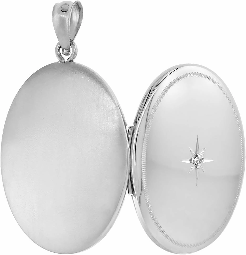 Sterling Silver Diamond Oval Locket Necklace Starburst Set Etched Border 1 1/32 inch