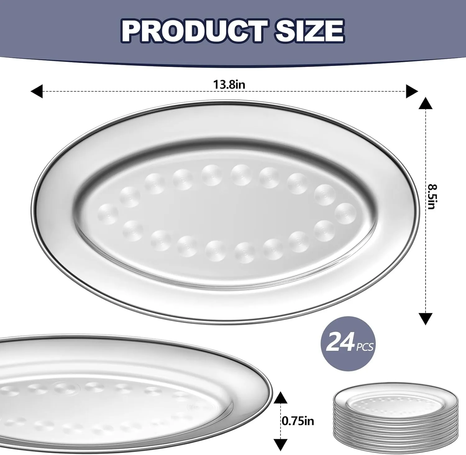 Suclain 24 Pcs Stainless Steel Oval Platter 13.8 Inch by 8.5 Inch Large Serving Platter Silver Serving Tray Heavy Duty Mirror Polish Sizzling Plate with Swirl Pattern for Fish Dessert Meat Sushi
