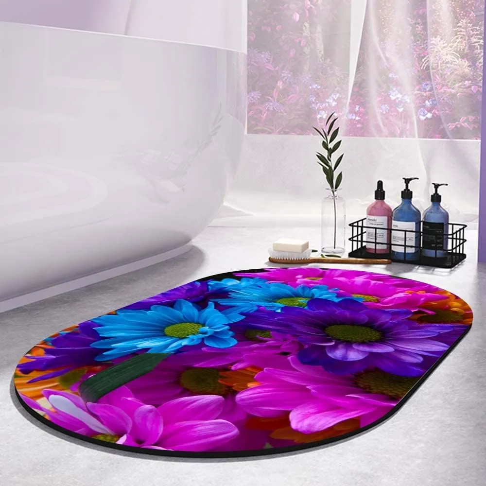 Super Absorbent Diatomaceous Earth Stone Bath Mat,A Wild Bloom Quick-Drying Bathroom Carpets,Non Slip Bathtub Floor Mat，Easy to Clean, Simple Kitchen Doormat(Oval 43×70cm)